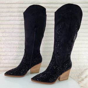 Cape Robbin Anniston Black Rhinestone Glamour Country Western Cowgirl Knee Boots